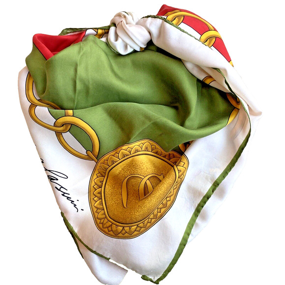 Oleg Cassini Signed Logo Scarf Silky Gold Chain Medallion Green & Red 26” Square - Picture 6 of 7